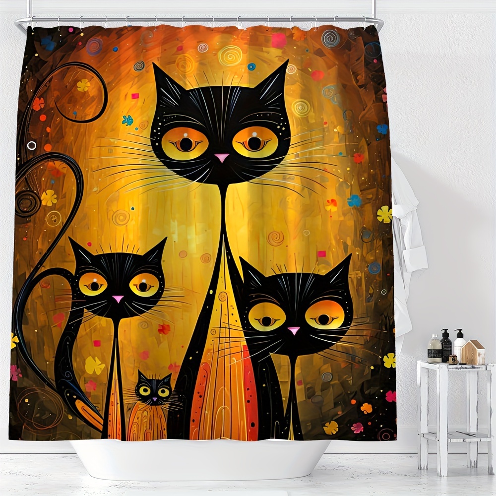 

1pc Cartoon 4 Little Cats Color Portrait Painting Pattern Digital Print Shower Curtain