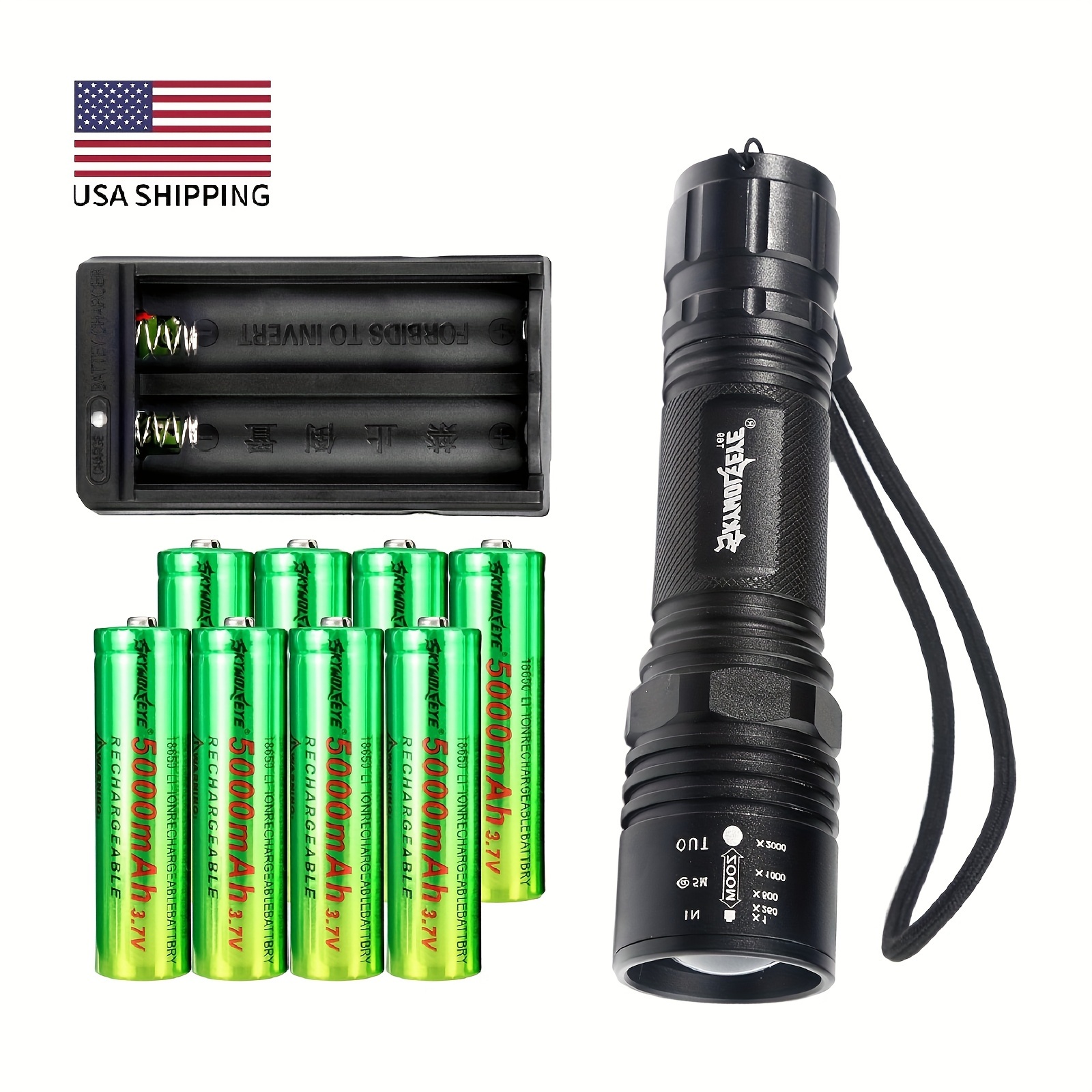 

1 Pack High Lumens 5 Modes Compact Flashlight Set With 8*18650 Batteries And 1*battery Charger, Portable Zoomable Handheld Torch Lights For Camping/outdoor/hiking/emergency