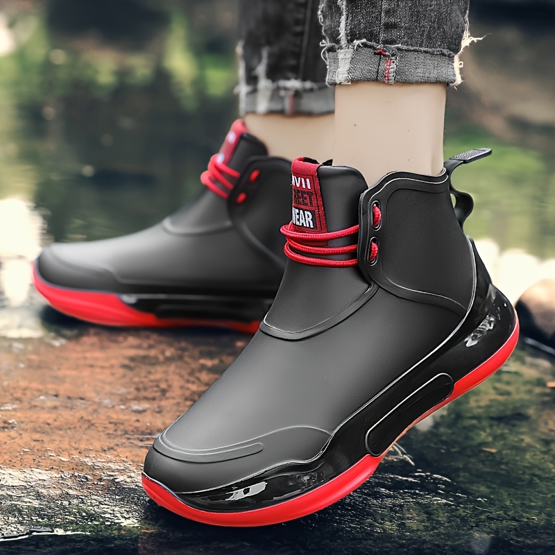 unisex high quality rain boots   non slip shoes with cushioned eva insole lightweight pvc construction low cut footwell for men women ideal for commuting gardening construction travel black with red accents easy   high quality boots construction footwear sleek footwear fabric lined interior 6