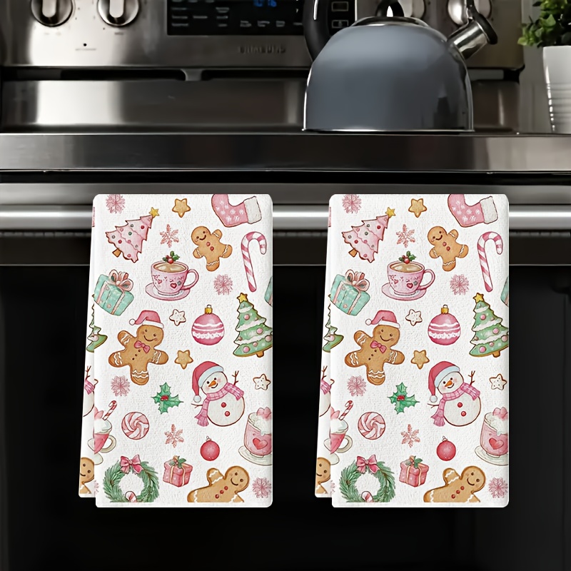 TEMU 2pcs Set, Pink Snowman Christmas Tree Gingerbread Style Christmas Kitchen Towels, Rustic Candy Winter Decor, Christmas Gift, Super Soft,