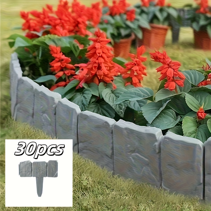 Image of 30pcs Plastic Garden Fence - Interlocking Stone-effect Mini Fence For Flower Beds, Lawns & - Durable Weather-resistant Outdoor Decoration, Decorative Garden Fence, Lawn Edging Tool, Stoneeffect Design
