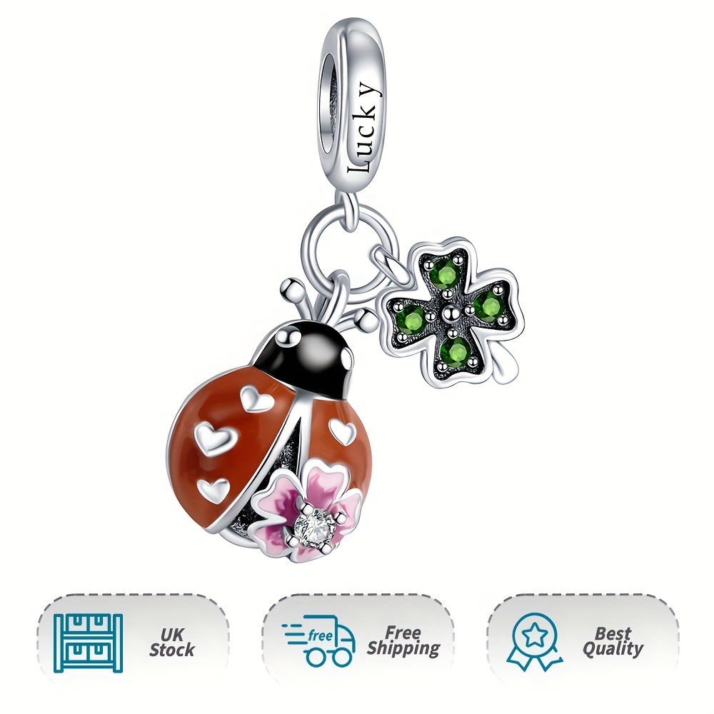 Ladybug Clover Dangle Charm 925 Silver Pendant for Bracelet & Necklace