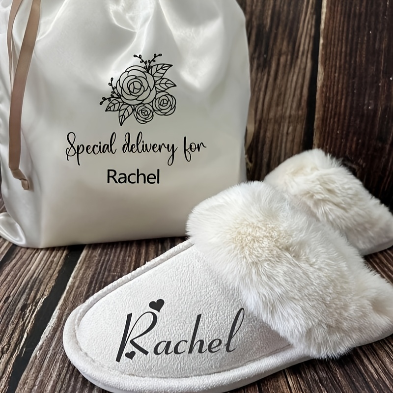 [1pc Personalized Custom Name Slippers] Personalized Custom Name Slippers, All-Season Fabric Upper with Rubber Sole, Cozy Furry Lining, Hand Washable, with Perfect for Bridesmaids, Bachelorette Party, and Wedding Gifts