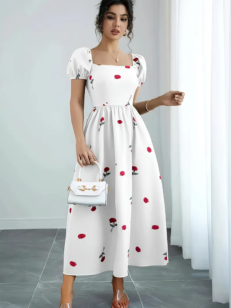 elegant womens red rose neckline puff sleeve - Temu elegant womens red rose neckline puff sleeve - Temu