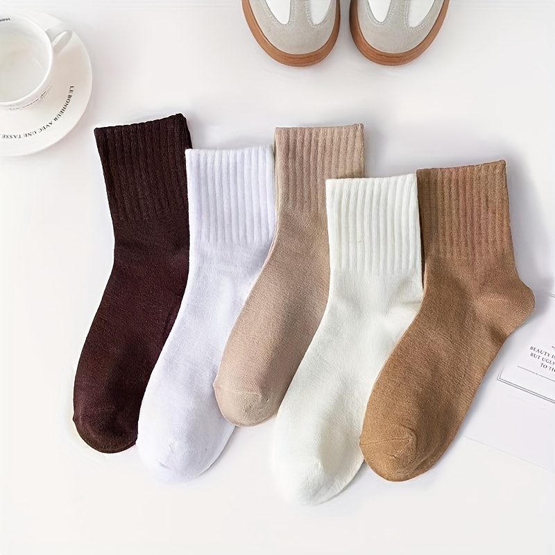 TEMU 5-pack Women' Solid Color Mid-calf Socks, Fashionable And Versatile Colorful Socks, Autumn/winter Trendy Coffee-colored Socks Suitable For Daily