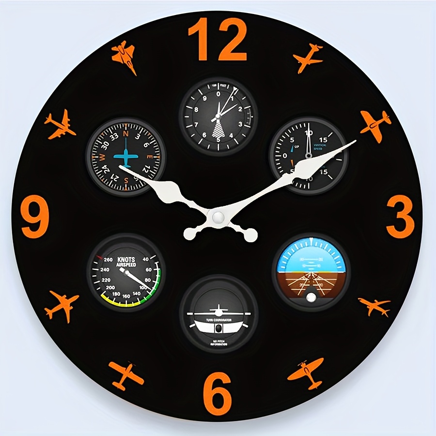 1pc Aviation Instrument Panel Clock Silent Non-Ticking Wall Clock with  Black Orange Dashboard Design, Artificial Wood for Home, Office,