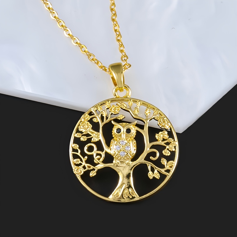 

[1pc Elegant Tree Of Life Owl Pendant Necklace] Elegant Tree Of Life Owl Pendant Necklace, 18k Golden Plated Copper With Synthetic Zirconia, Non-magnetic, Sophisticated Jewelry Gift For Women