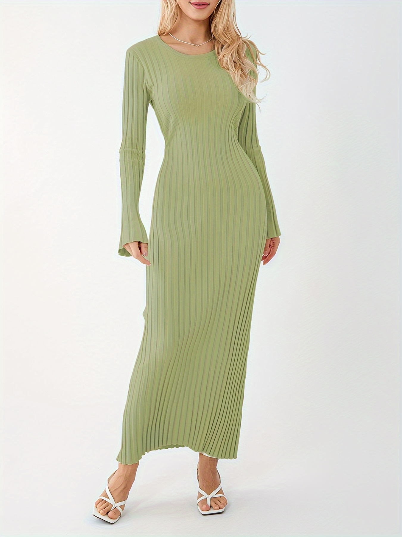 womens sweater maxi dress long sleeve knit ribbed crew neck - Temu