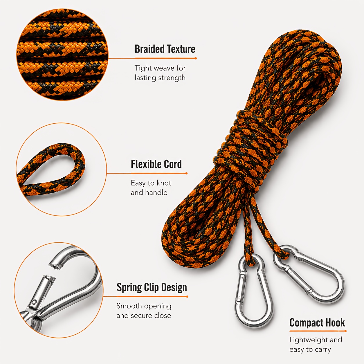TEMU 1pc 8.8m Rope And 2pcs 4cm Hooks, Multi-functional Portable Rope Set, Rope And Hook Combination, Portable Bundling Rope Set, Outdoor Garage