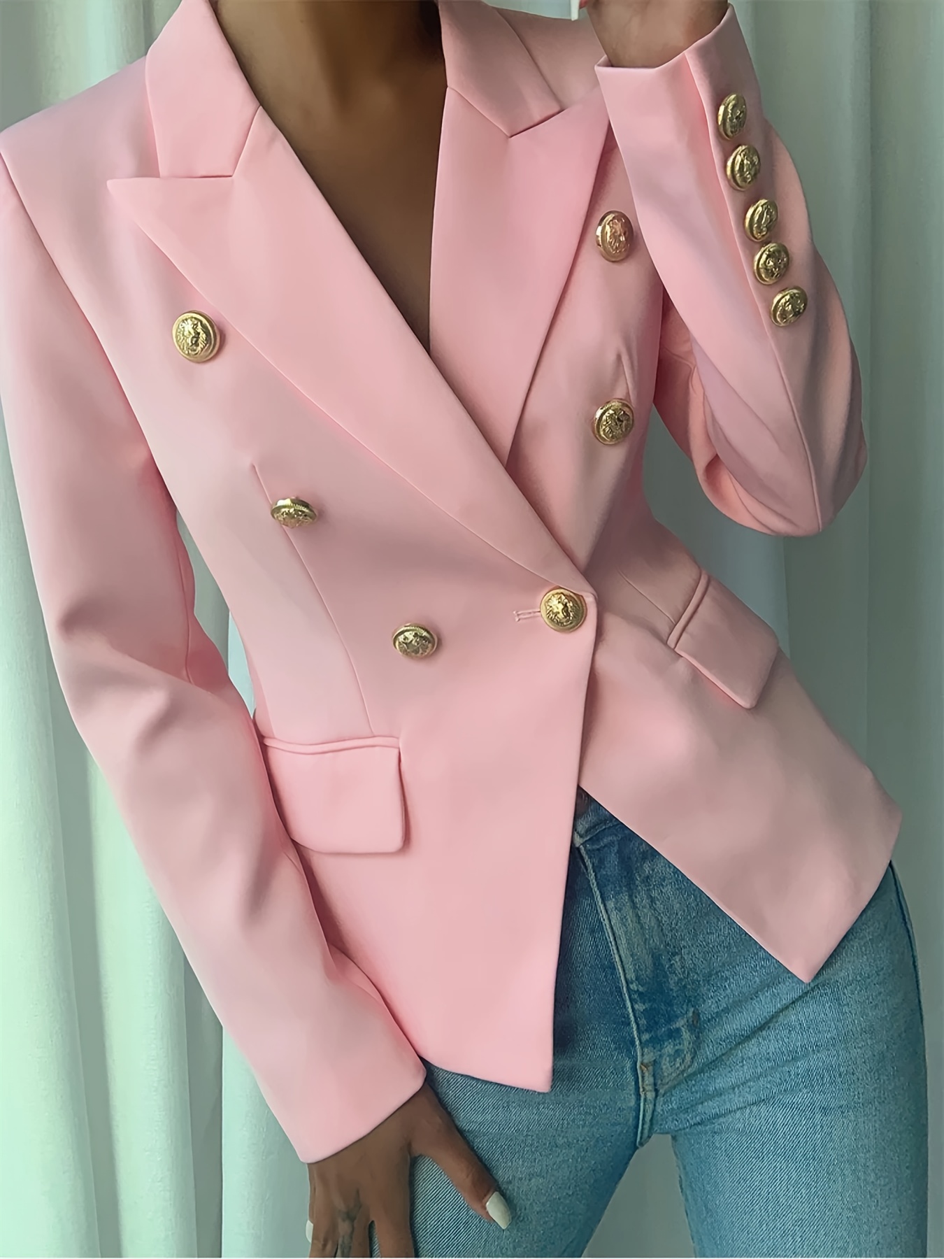 Women's Elegant Pink Double-Breasted Blazer - Polyester, Long Sleeve, Lapel Collar with Golden Buttons, Stylish Work Office Jacket