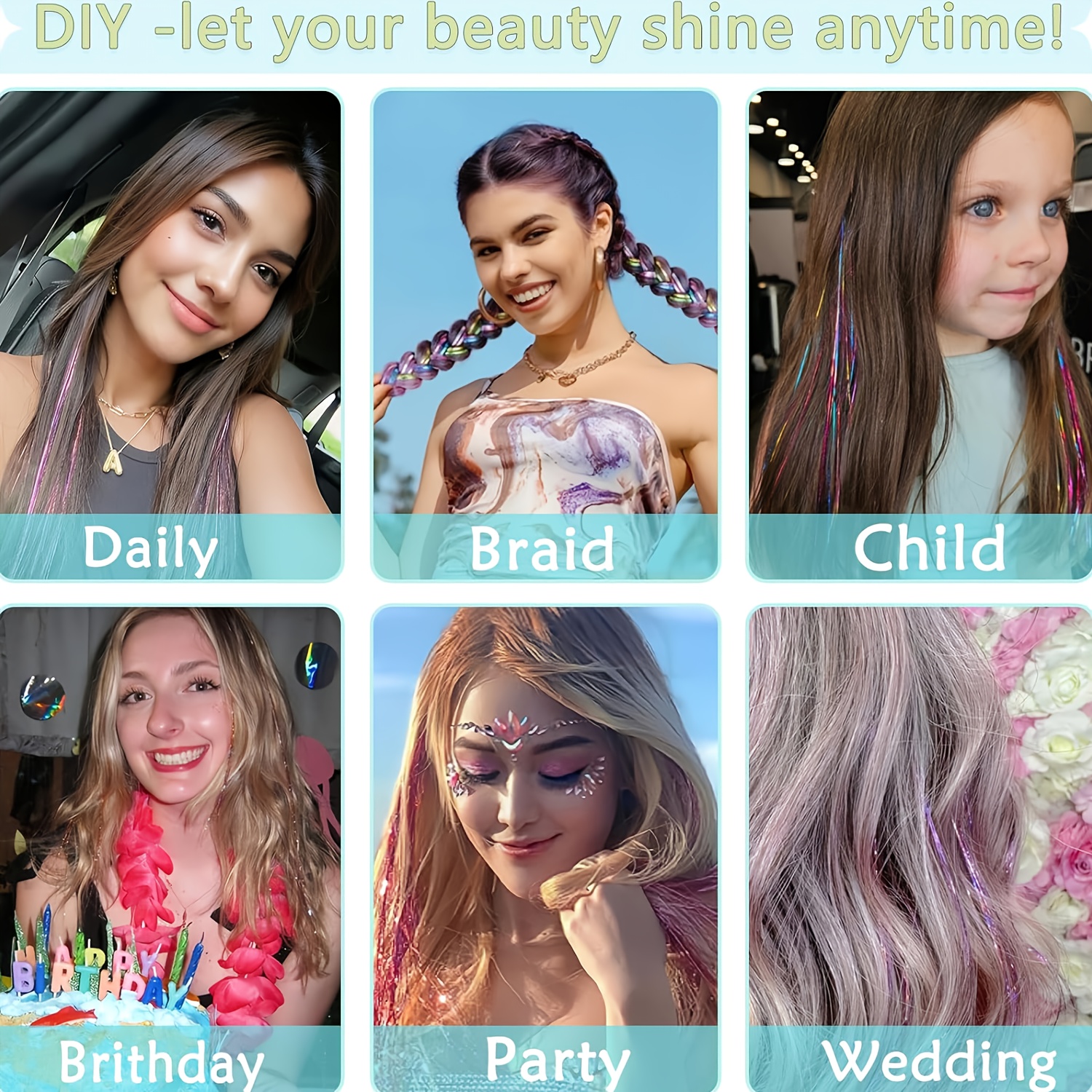 8pcs   glitter hair tinsel extensions - heat resistant, sparkling fairy hair accessories for women,   halloween & parties, party hair accessory | glittery hair extensions | heat resistant fiber, hair accessories Product details 9