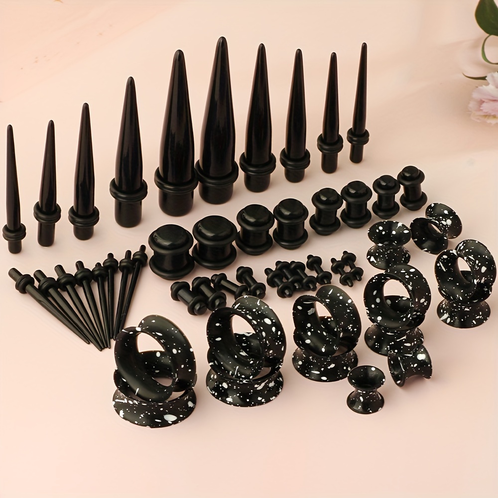50pcs Set, Black And White Polka Dot Acrylic Ear Stretchers With Paint Finish - Piercing Jewelery Kit