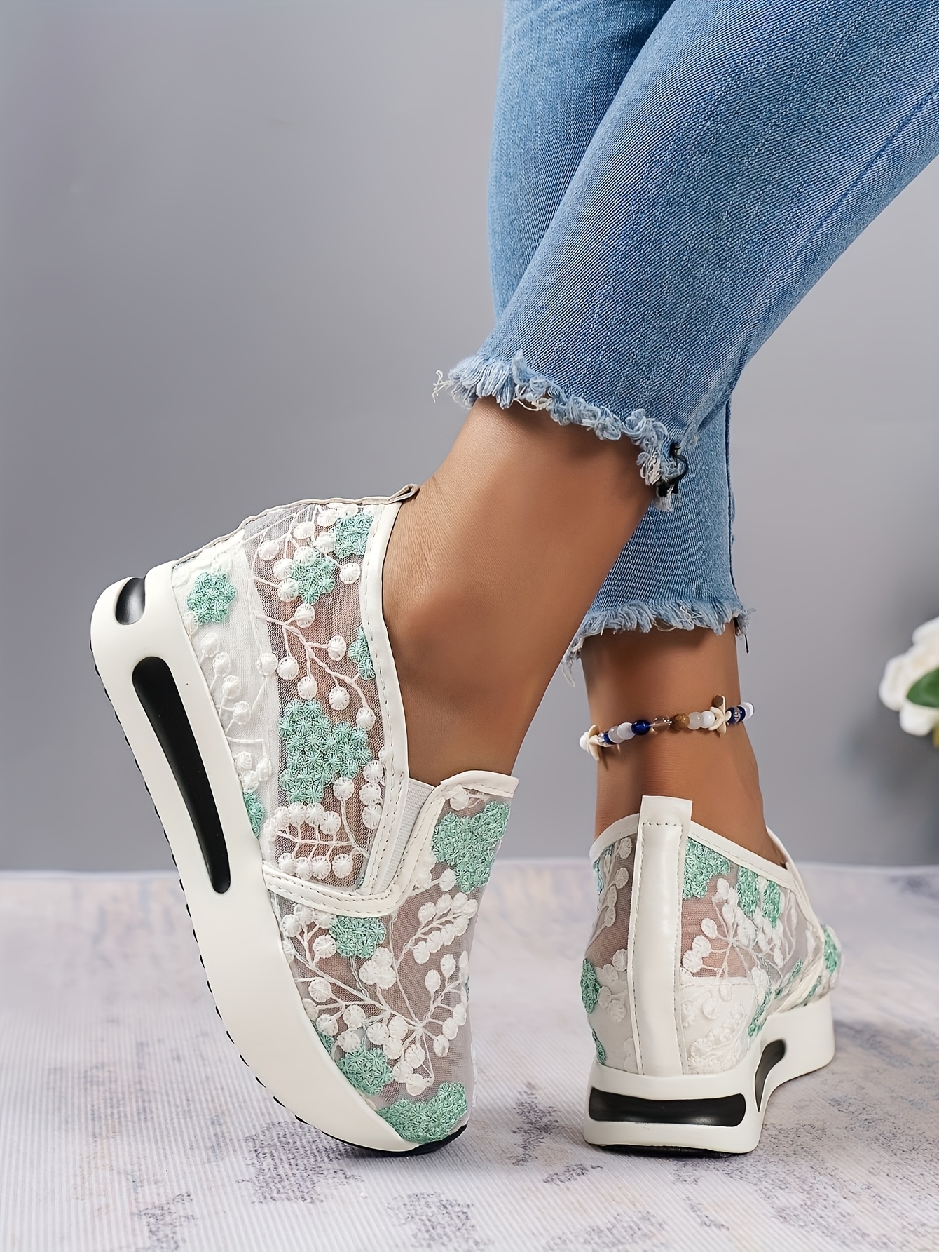 chic womens lace mesh sneakers breathable anti skid slip on platform shoes with   ladies sneakers details 2