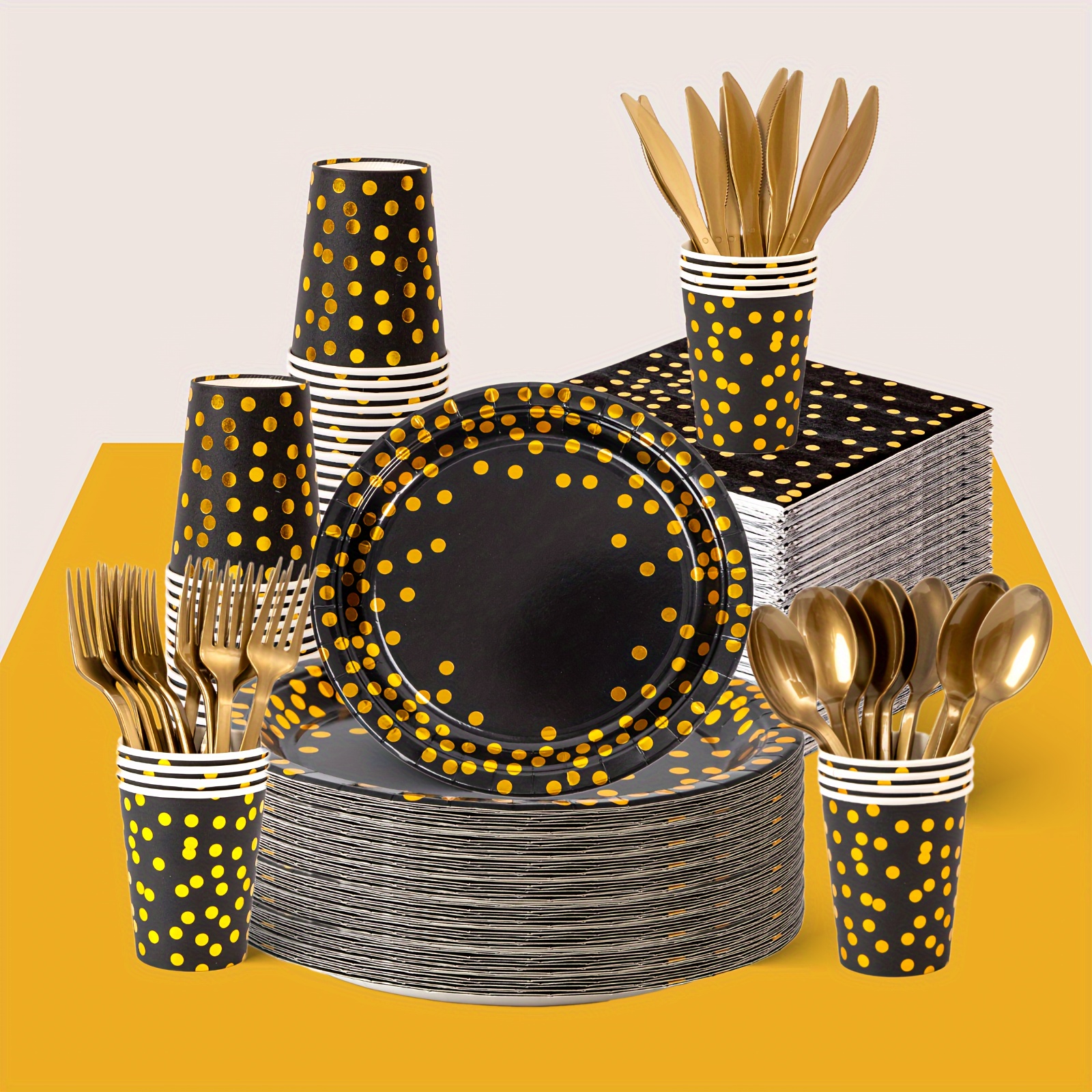 

350pcs Hot Gold Party Tableware, 7 Inch, 9 Inch Paper Cup + Knife And + Paper Towel + Knife And 50pcs, Very Suitable For Holiday Party , High Quality Holiday Gifts