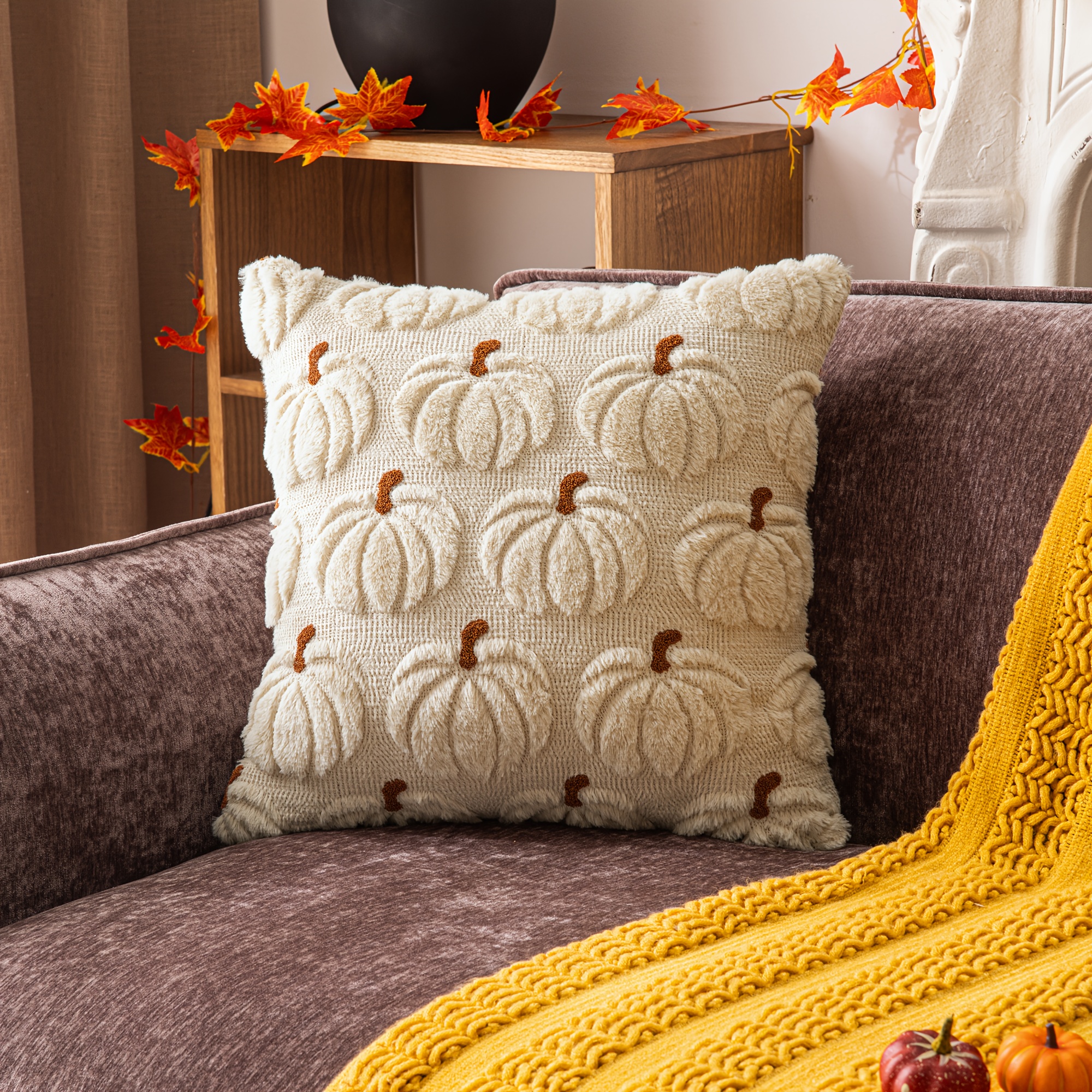 TEMU 1pc Of Autumn-themed Pumpkin Decorative Pillow Cover In Orange With Stem, Suitable For Living Room Or Bedroom Sofas; Pillow Insert Not Included