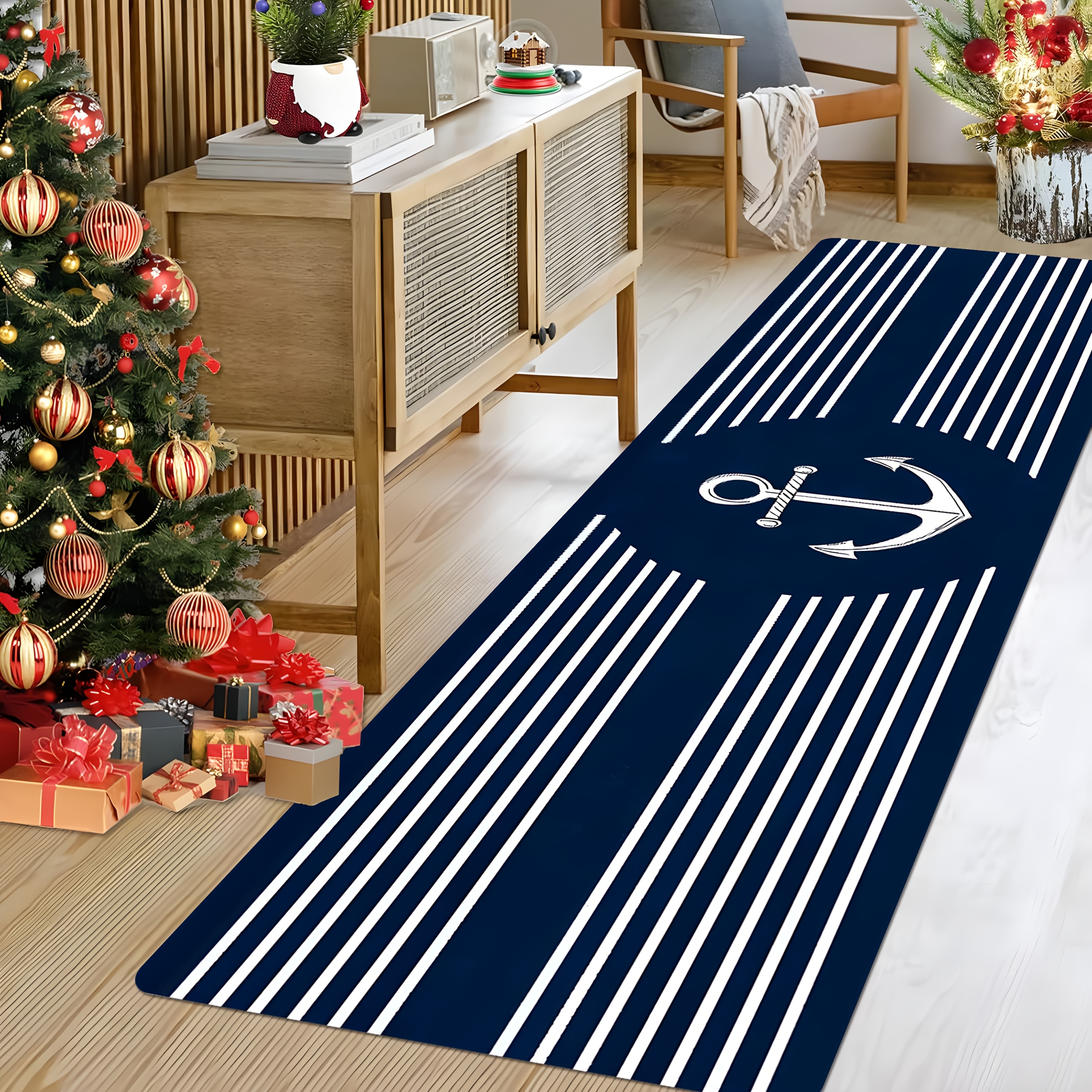 TEMU 2d Flat Printing Flannel Modern Minimalist Style Long Runner Rug, Dark Nautical Anchor Pattern Non-slip , Machine Washable, Fade-resistant,