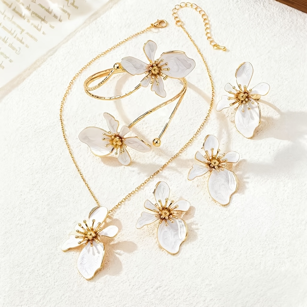 TEMU 5pcs White Enamel Floral Jewelry Set, Featuring And Elegant Style, Suitable For Wedding Parties. As A Mother's Day Or Valentine's Day Gift