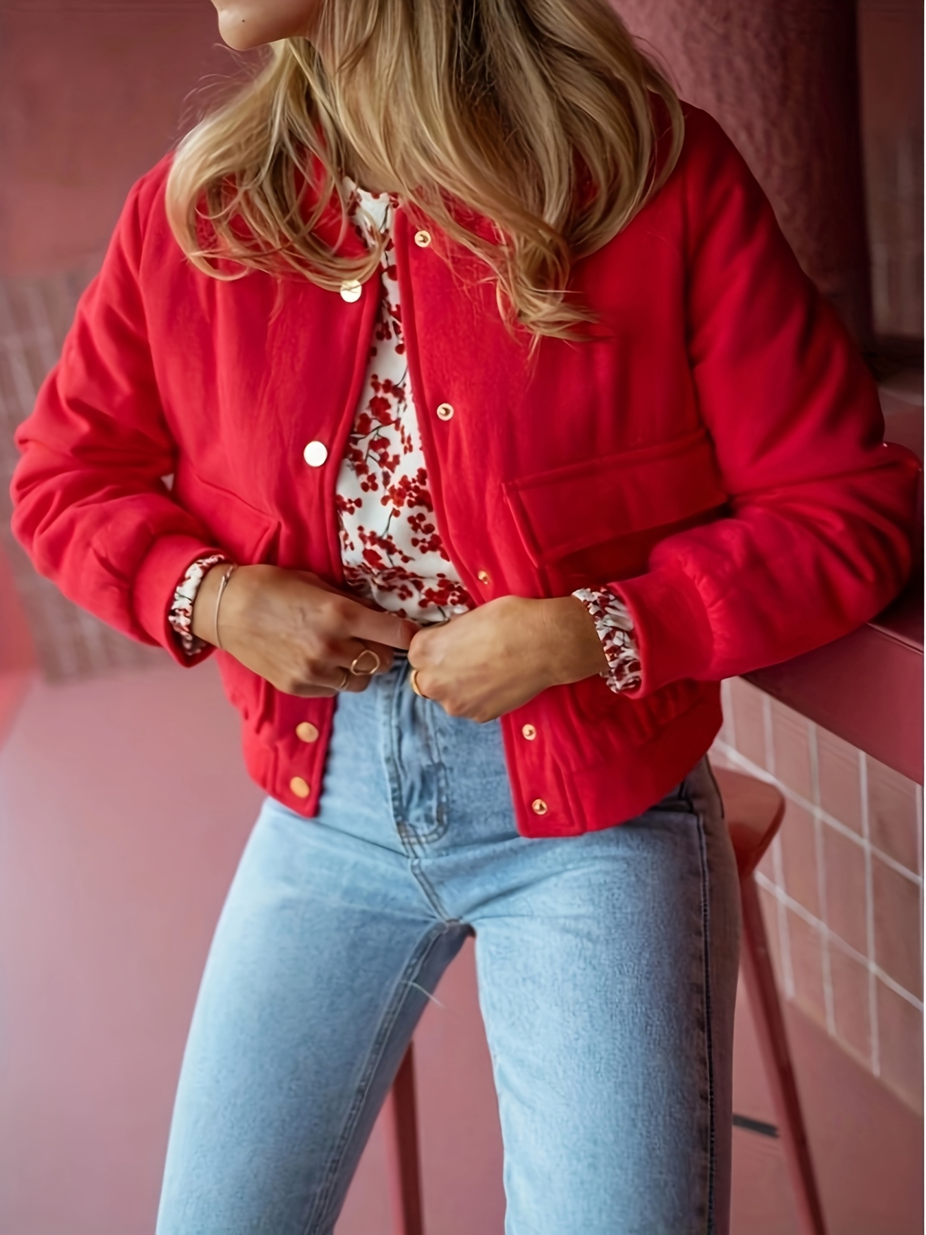 jaqueta elegante vermelha feminina casaco de botões não Temu