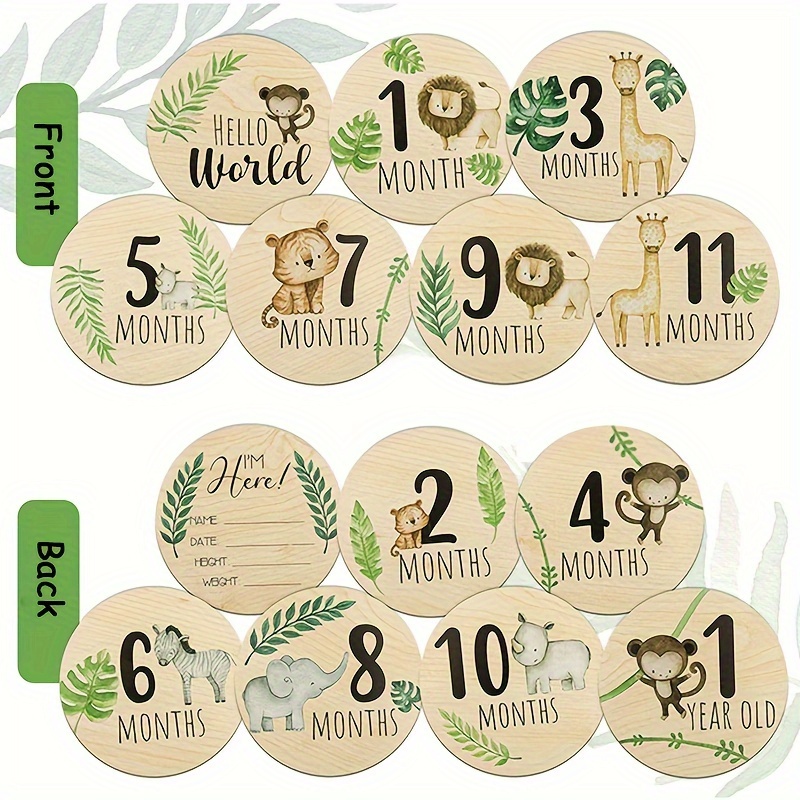 7pcs Wooden Milestone Cards, Jungle Animals Theme Monthly Growth Recording Cards, Birth Commemorative Cards, Photography Props