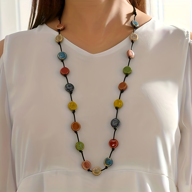 Image of 1pc Simple Ceramic Flat Bead Long Necklace, Multicolor Braided Cord Ceramic Necklace For Women, Vintage Ethnic Style Necklace