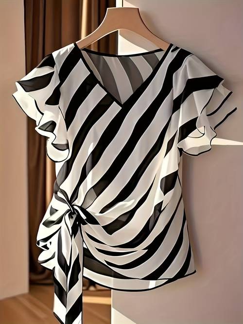 dames elegante v-hals gestreepte zomerblouse met gerimpelde korte mouwen & tailleband - & horizontale strepen, korte mouwen shirt voor lente/zomer, wasmachinebestendig - casual tot semi-formele kleding