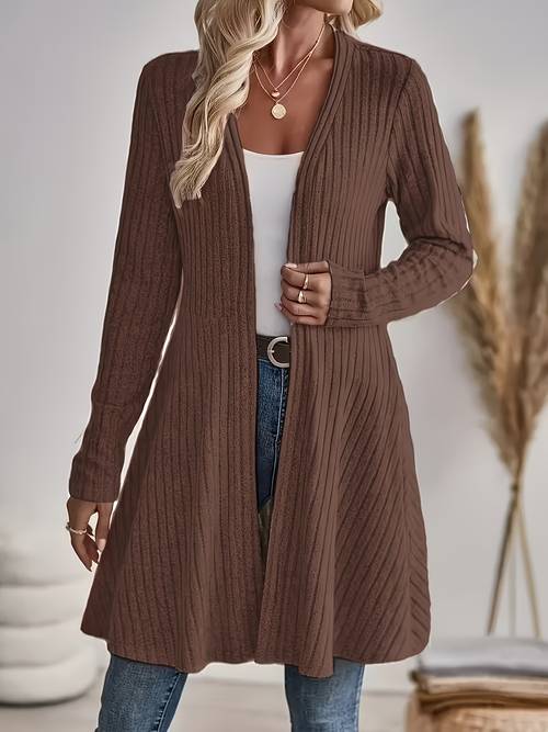 womens solid color cardigan elegant long sleeve flared hem stretch fabric for