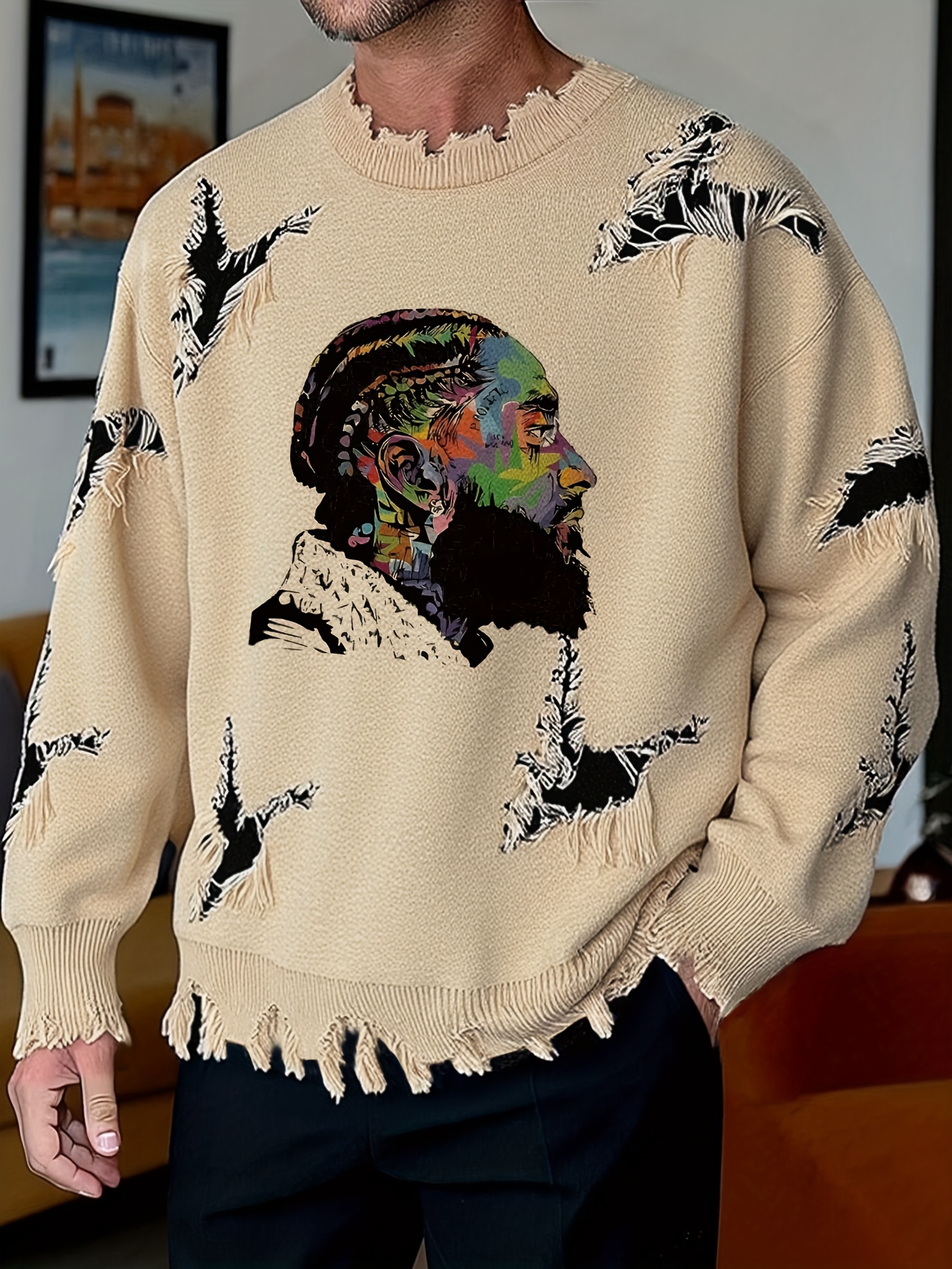 Men'S Casual Crew Neck Knit Sweater with Artistic Graffiti Portrait | Loose Fit, Ripped Details, Long Sleeve, Comfortable Texture for Fall/Winter - Image 5