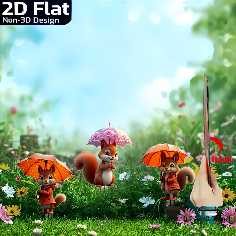 E-shop 2D Flach, 3er Set - Niedliche Eichhörnchen-Gartenstecker aus Acryl, Wind- und sonnenbeständige Deko für Garten & Terrasse, Kein oder Batterien