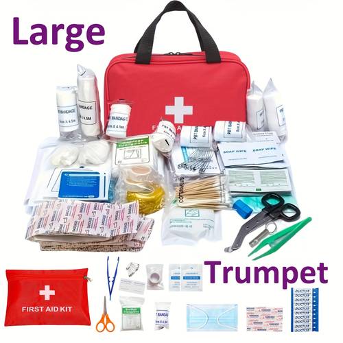 complete first aid kit with scissors tweezers bandage tape pin emergency supplies for home car camping hiking essential outdoor survival supplies red small