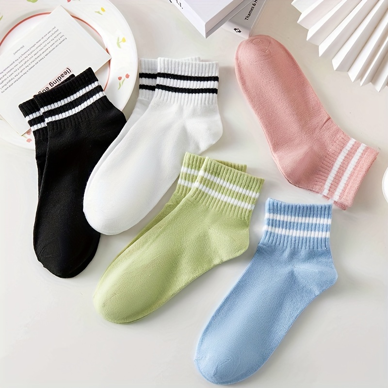 

5 Pairs Women's Breathable Mesh Striped Short Socks, Casual Ankle Socks, Assorted Colors