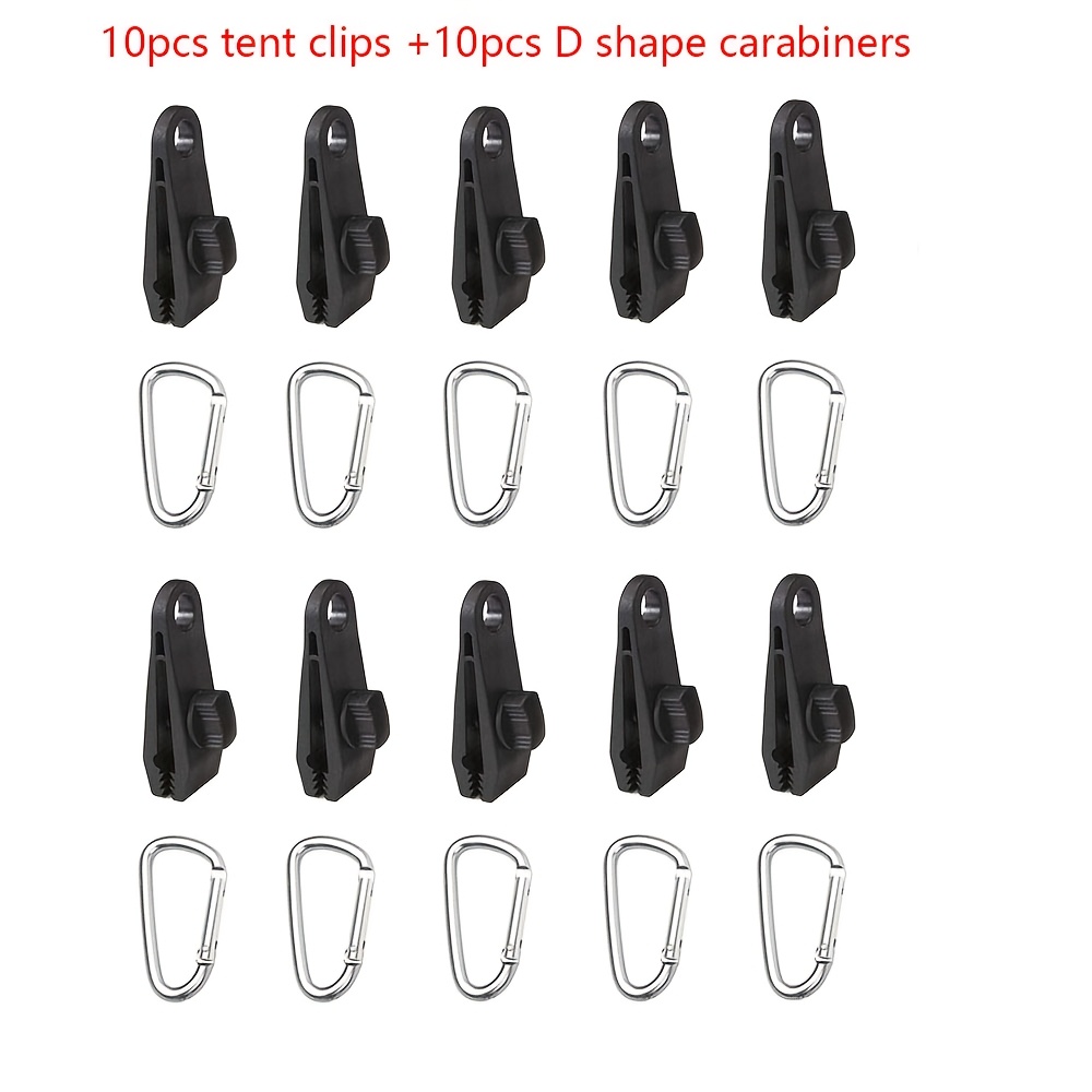Image of 20pcs Set: Outdoor Tent Clips (10pcs) + Carabiners (10pcs) - Reinforced Windproof Tent Clips, Tent Fasteners, Tarpaulin Clips