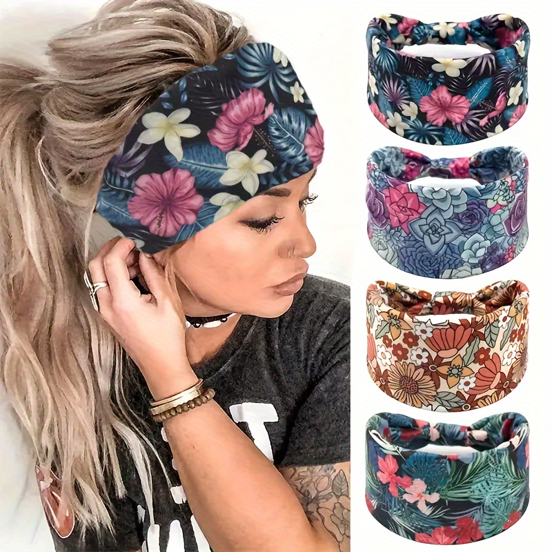 

4-pack Bohemian Floral Print Headbands, Wide Sports Hairbands, Spring/summer Stretchy Hair Accessories, Gift, Non-feathered Fabric Headwear Set