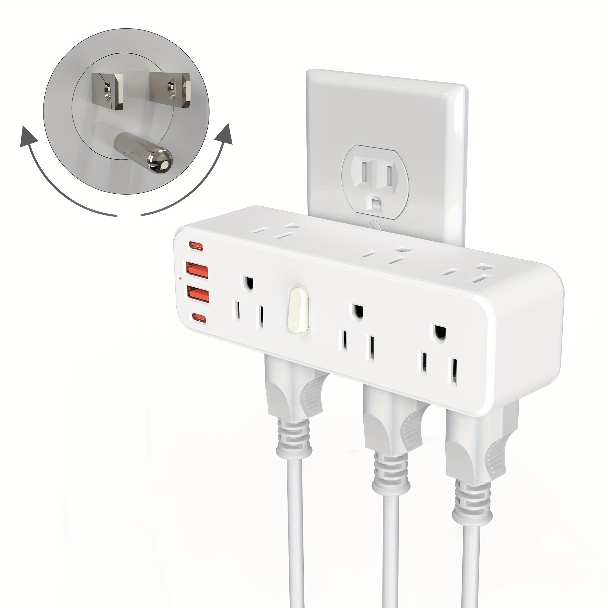 

Protector Outlet Splitter With 360° Rotating Plug, 9 Outlets Extender (3 Sided) And 4 Usb Ports (2 Usb-c), 2100 Joules, Swivel Power Strip With Power Switch For Home, Office, Travel, White