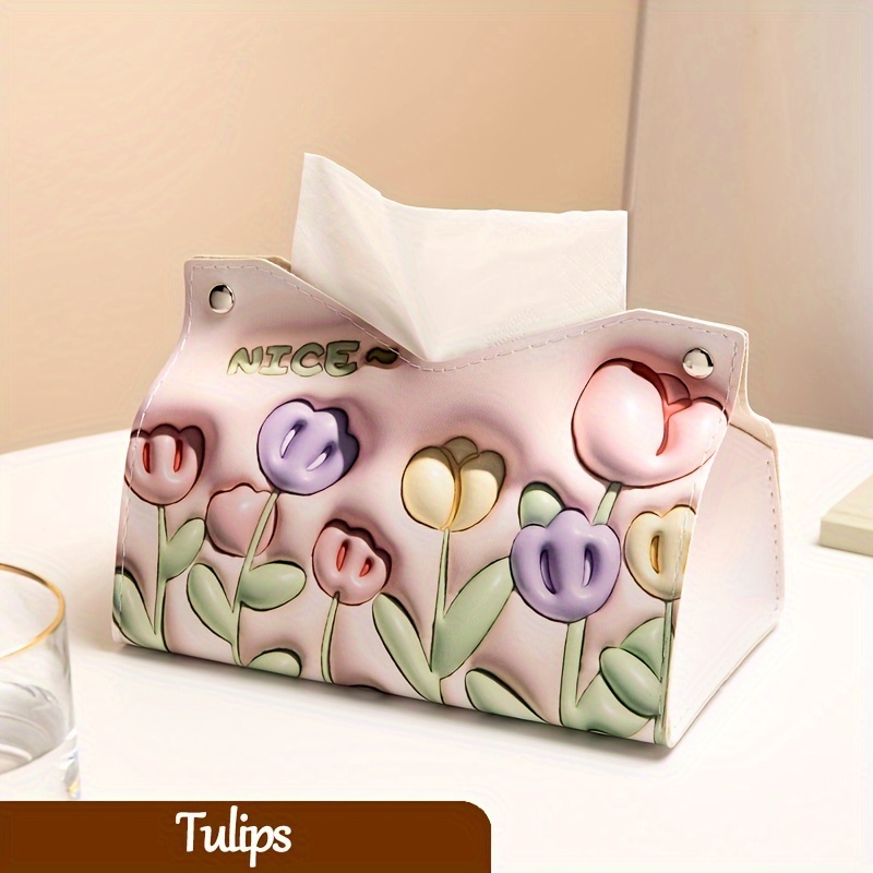 Image of Light Premium Oil Painting Rose Tissue Box, Creative Paper Napkin Holder For Living Room, Car, And Desktop