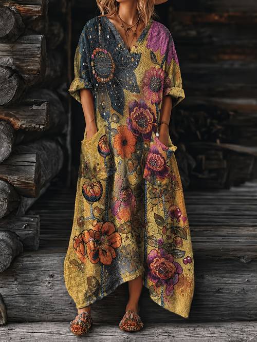 plus size printed design not textured womens loose v neck maxi dress vintage oil painting floral print long sleeve dress with pockets suitable for casual daily wear holiday vacation