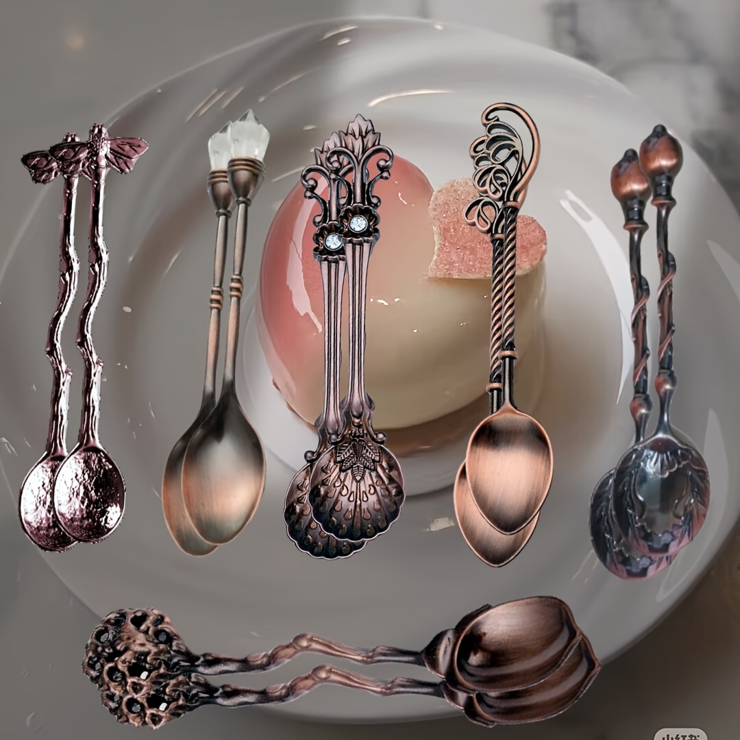 TEMU 12pcs/set, Metal Retro Style, Various Styles, Golden, Red, Silvery, , High-end Gifts For Festivals, Suitable For Party Spoons, Dessert Spoons,