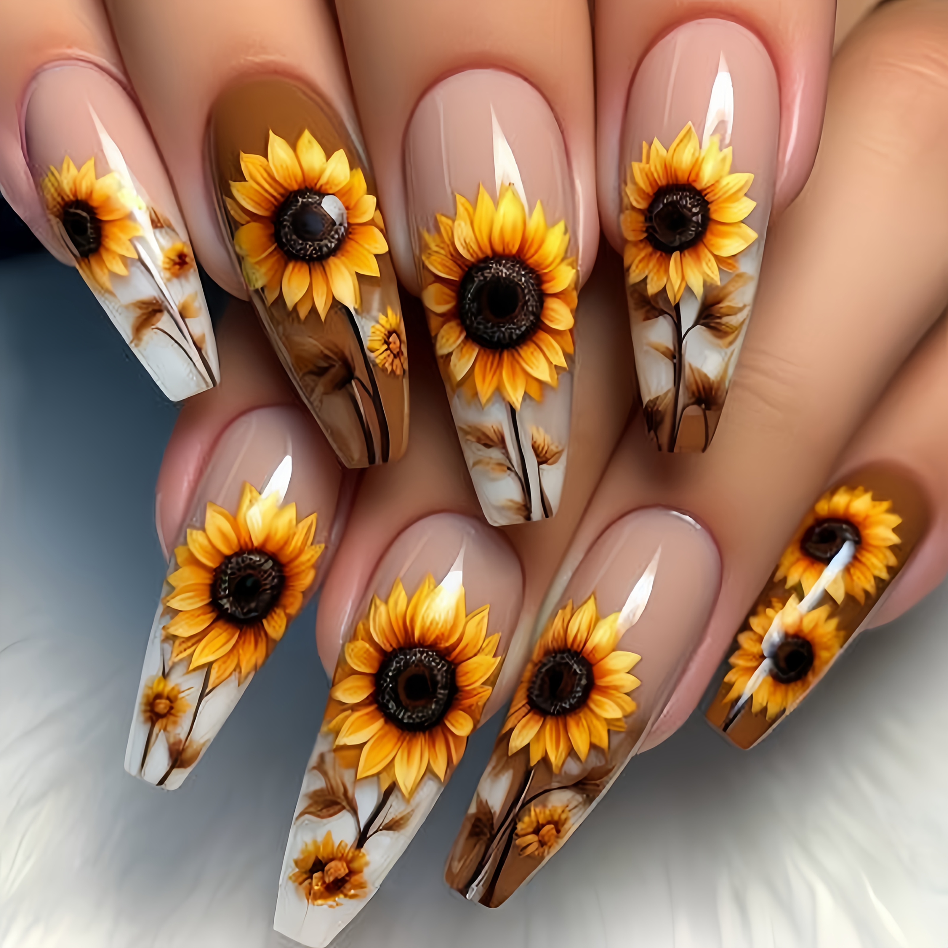 

24pcs Set Of Sunflower Long Press-on Nails - Golden & Yellow Tones With Realistic , Easy-to-apply Removable Fake Nails For A Chic Spring/,