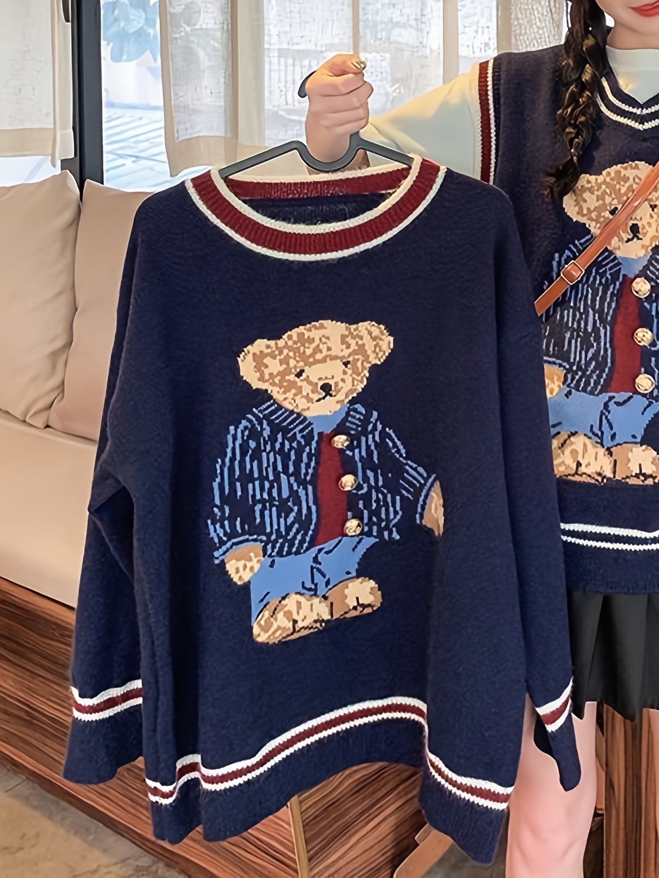 Fuzzy Lattice Crew Sweater - Temu