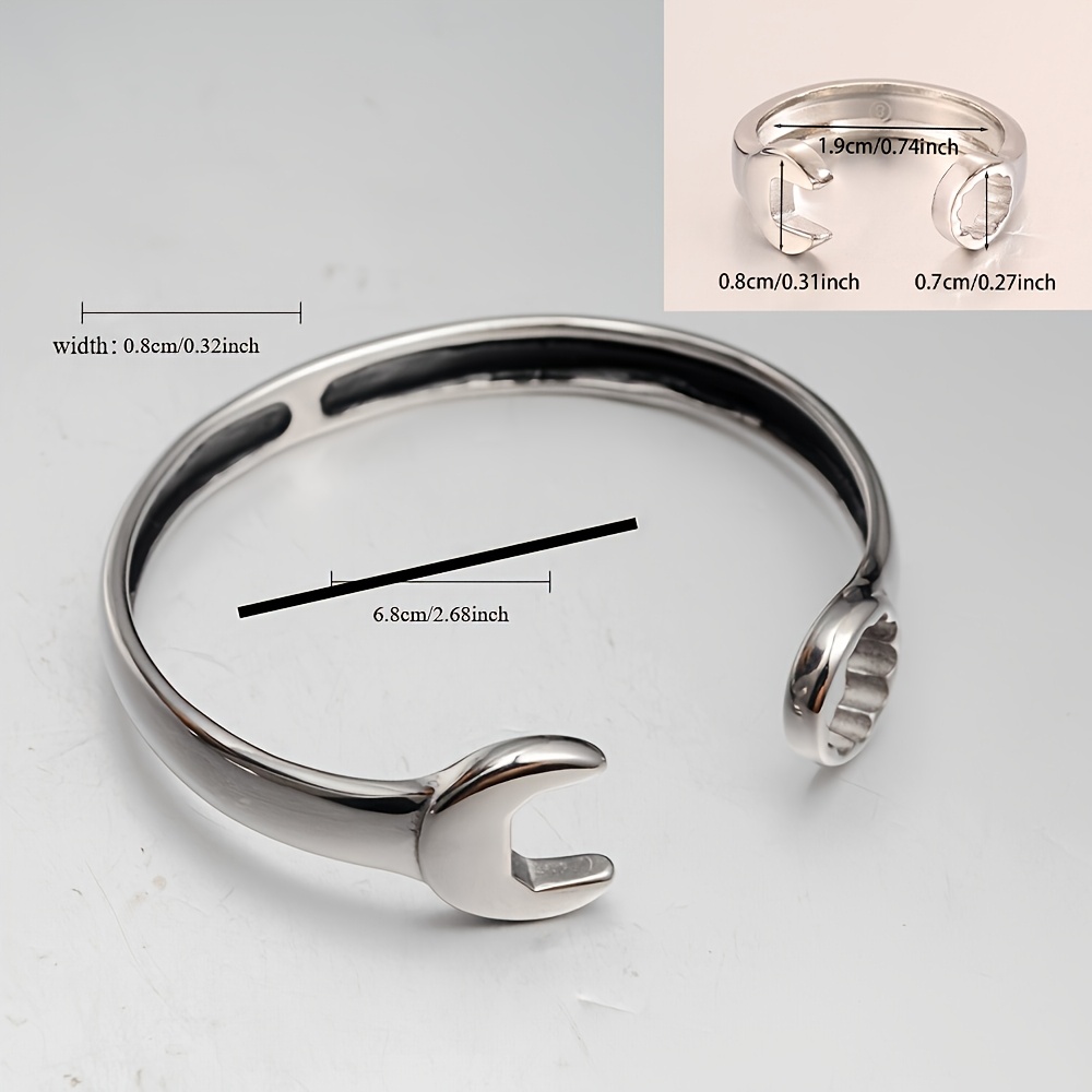 2pc Heavy-Duty Textured Stainless Steel Wrench Bracelet & Ring Set