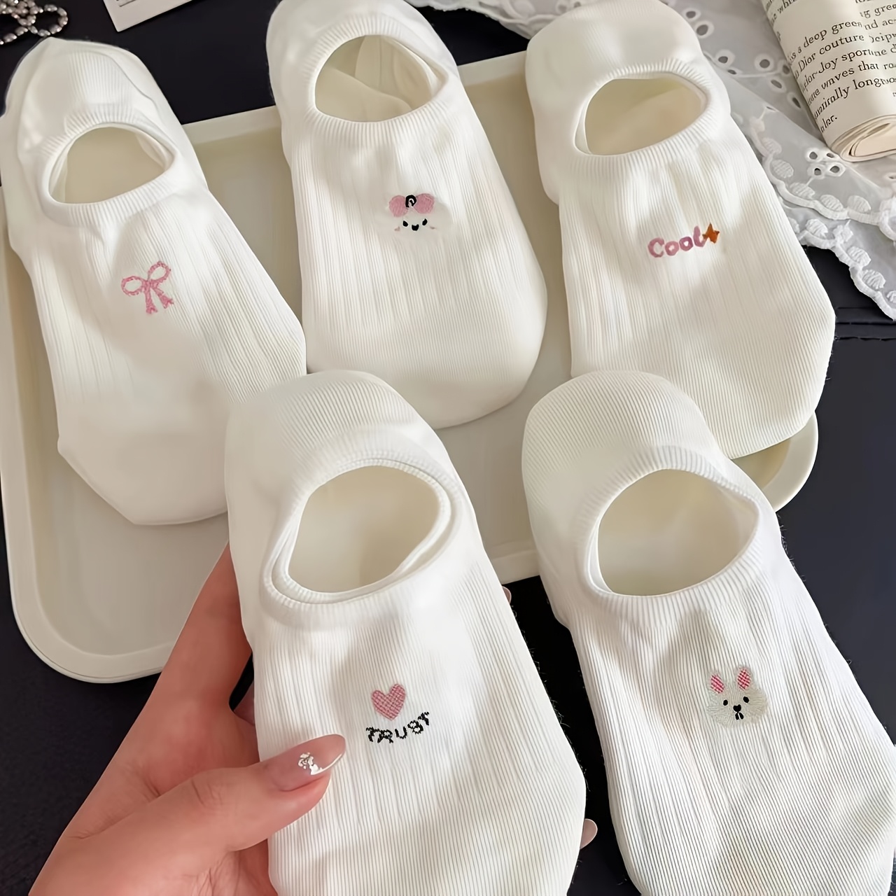 Image of 5 Pairs Of Women's Spring/summer Boat Socks Rabbit Bow And Love Pattern Light, Breathable, Comfortable And Cute Invisible Nude Socks For Daily Commuting