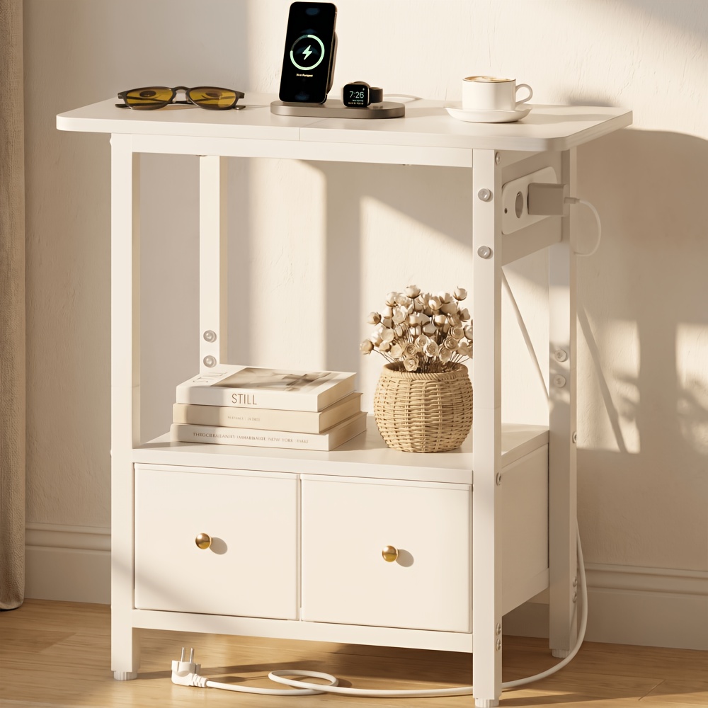 Nightstand With Charging Function, 60 X 30 X 60cm Side Table With 2 Fabric Drawers And Open Shelf, Suitable For Bedroom, Living Room And Small Spaces