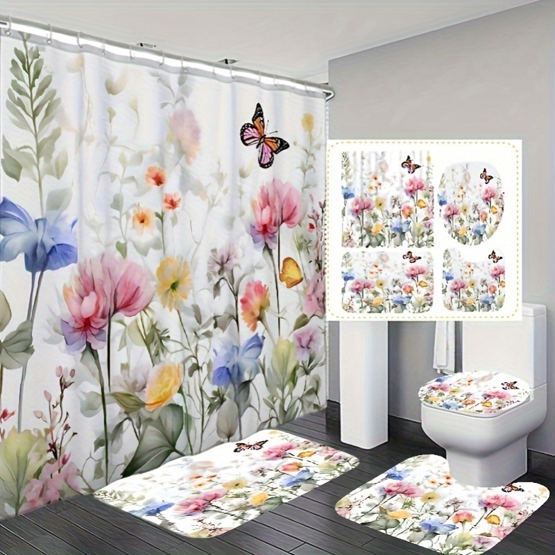 

1/3/4pcs Butterfly Flower Pattern Shower Curtain Set, Waterproof Bathroom Partition Curtain With Hooks, Non-slip Bath Rug, Toilet U-shape Mat, Toilet Lid Cover Mat, Bathroom Accessories