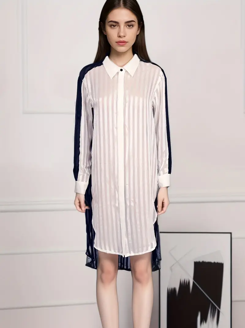 Asymmetrical Color Block Shirt Dress Button Elegant Long - Temu
