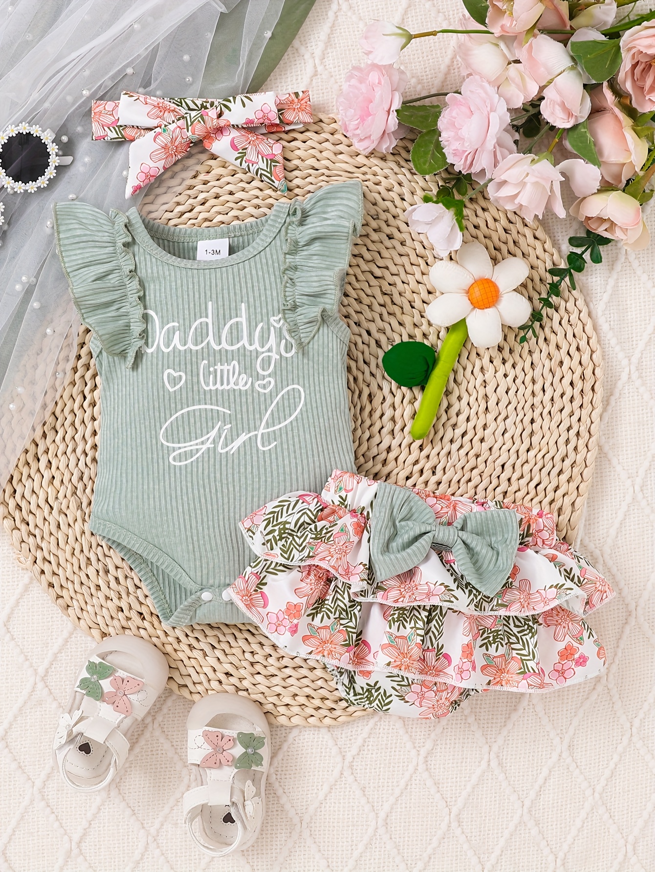 3pcs Girls' Spring/summer Set: Green Letter-print Short-sleeve Romper with Floral-print Shorts, Casual Outfit, Perfect for Outdoor