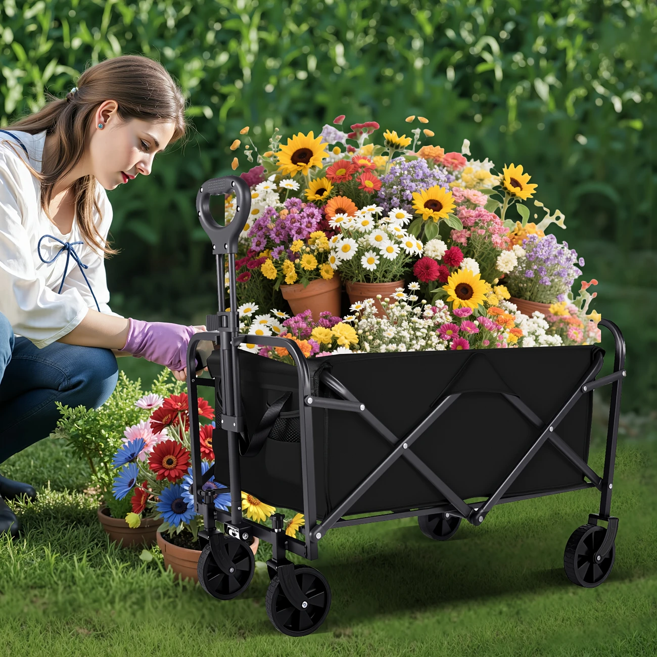 220/450/680 lb capacity heavy-duty folding cart - stainless and 600d oxford fabric, foldable wagon for camping, gardening, beach, shopping - no , black garden tool holder, sturdy , durable wheel construction details 3