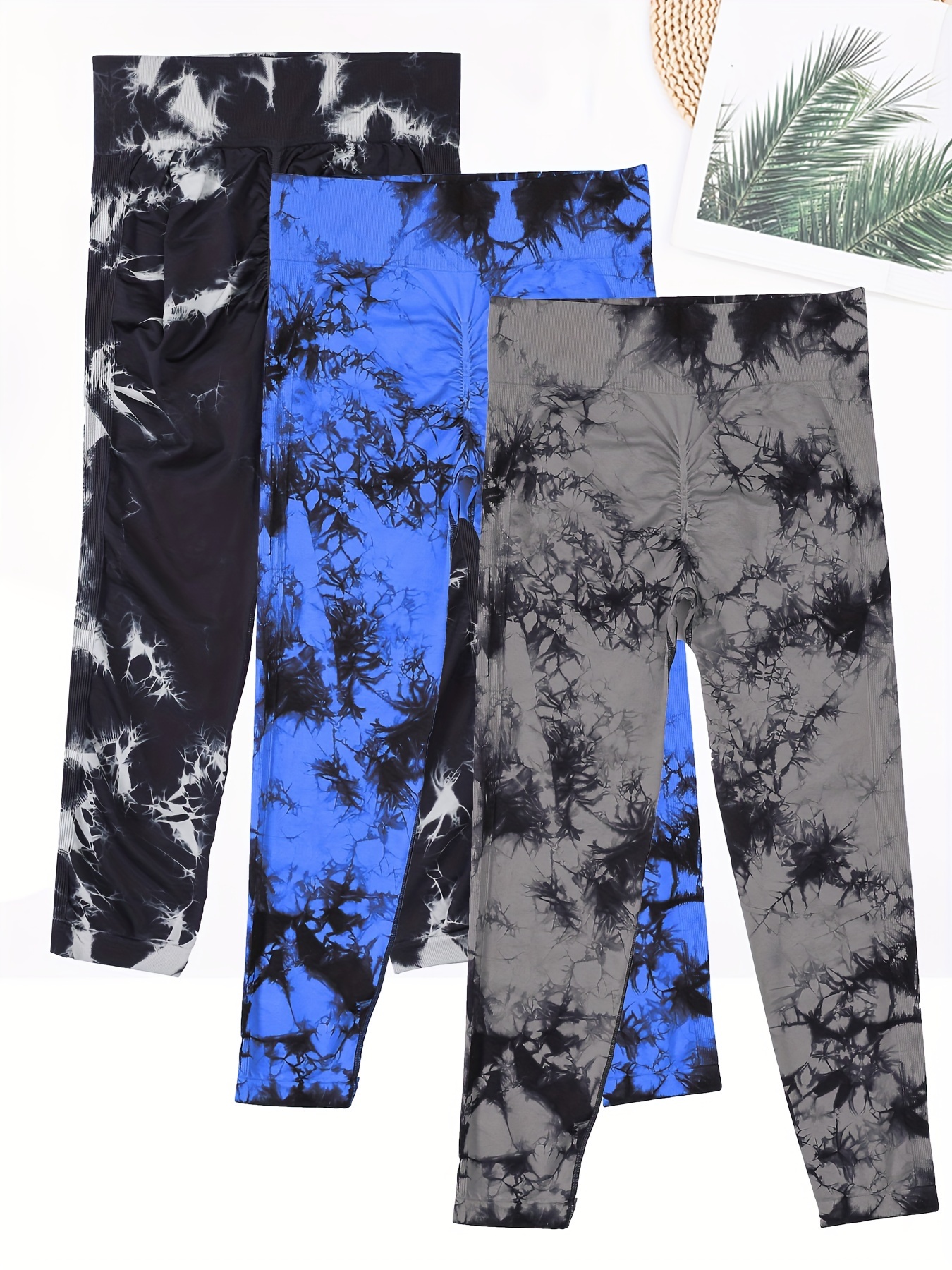 3pcs Women's High-Waisted Seamless Leggings - 4-Way Stretch Quick-Dry Yoga Pants with Tie-Dye Marble Print, Side Stripe Detailing & Slim-Fit for Gym, Casual & All-Season Wear, Fitness Apparel, Stylish Workout Clothes
