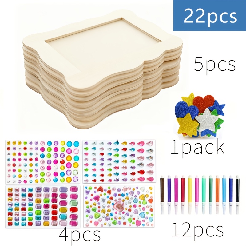 Image of 22 Photo Frame Painting Craft Packages, 5 Diy Unfinished Wooden Photo Frames, 12 Painting Pens, 4 Stickers, 1 Package Of Shiny Stickers For Diy Craft