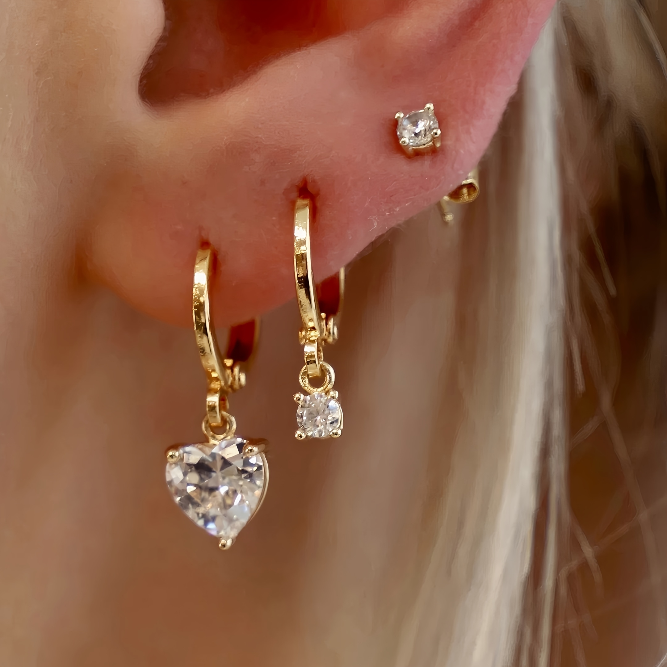 6pcs Set Of Exquisite And Minimalist Earrings, Featuring Copper Metal And Synthetic Zirconia Stones, Heart-shaped Drop Earrings, Perfect For Women' Wear, Dates, Parties, And Gifts