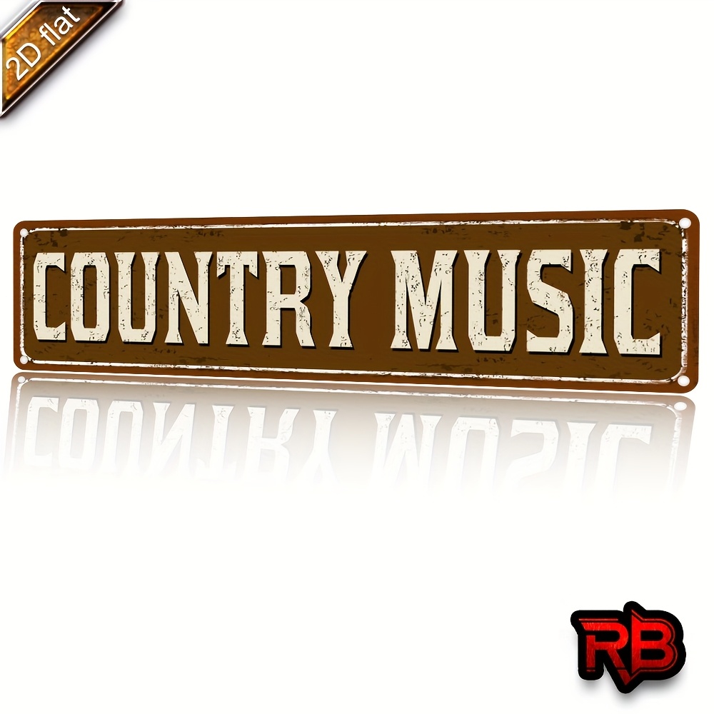 TEMU Panneau plat 2D Vintage "Country Music" - Décoration murale en aluminium imprimée UV (40.64X10.16 Cm), Marron rustique avec texte blanc, Parfait