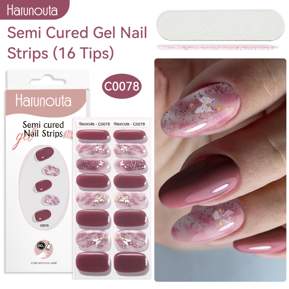 Image of Harunouta 16strips Semi Cured Gel Nail Strips Jelly Gradient Gel Nail Stickers Glitter Purple Gel Nail Wraps Gel Polish Stickers Nail Art Manicure For Nails Men Women Nails C0075/c0076/c0077/c0078